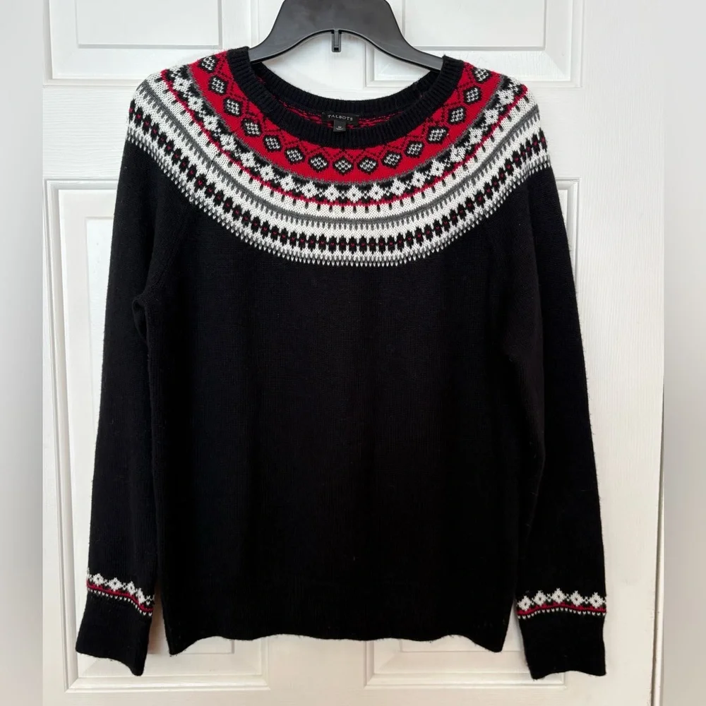 Talbots Sweater M Black Red Nordic Ski Fair Isle Pullover Wool Blend - Picture 1 of 4